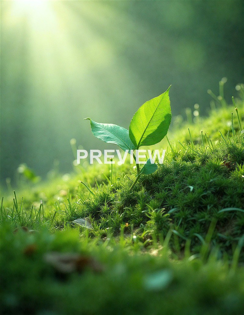 A small green plant with two leaves growing amidst lush grass, illuminated by sunlight filtering through the background.